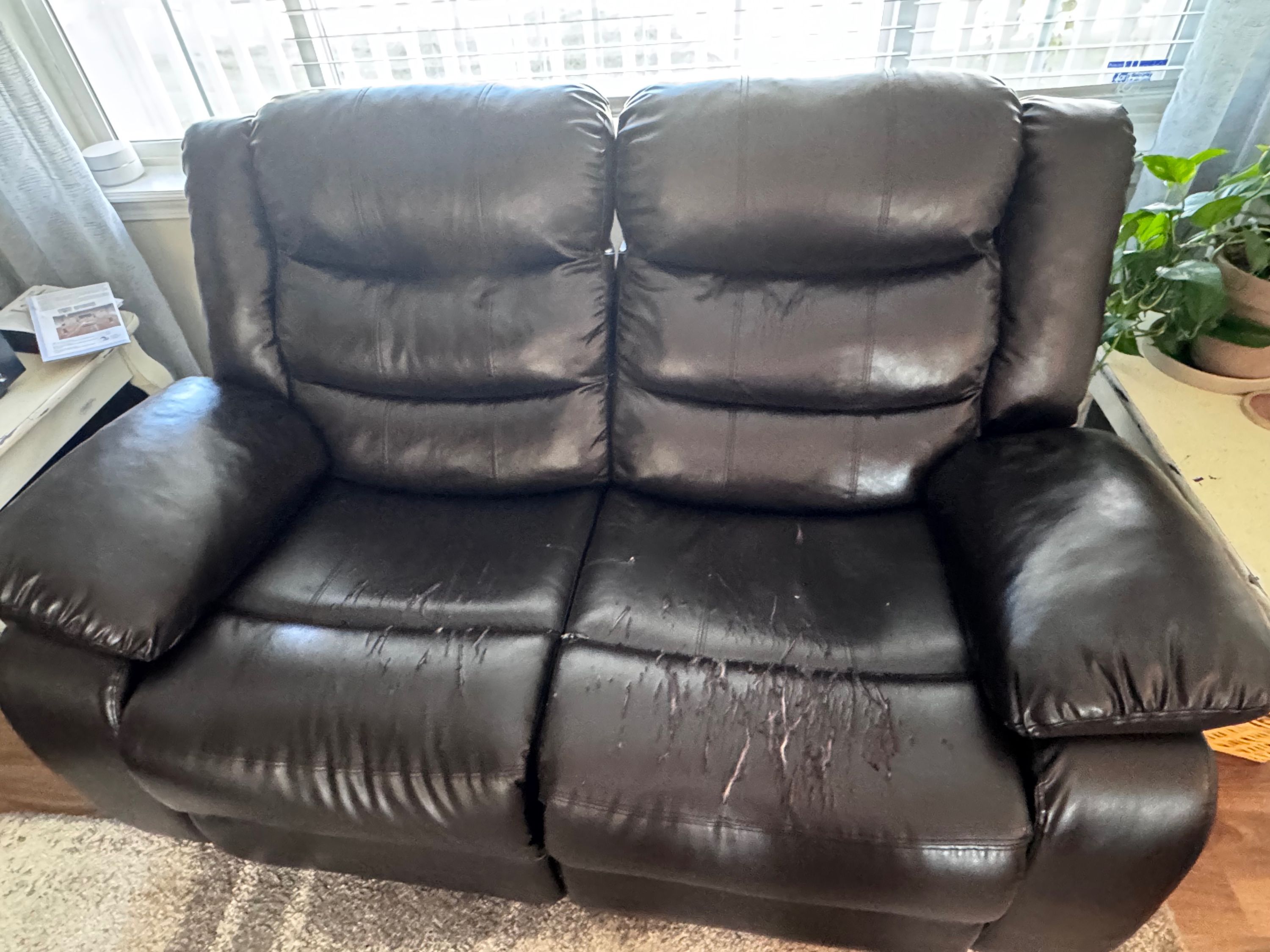 Free Reclining Loveseat, Comfortable Seating, Vinyl Shows Wear